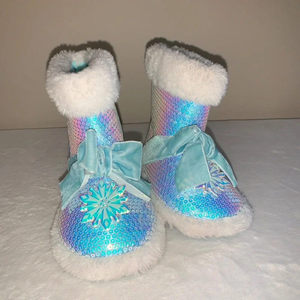 Disney frozen Elsa Anna faux fur booties‎ kids size 5 - 6 white blue